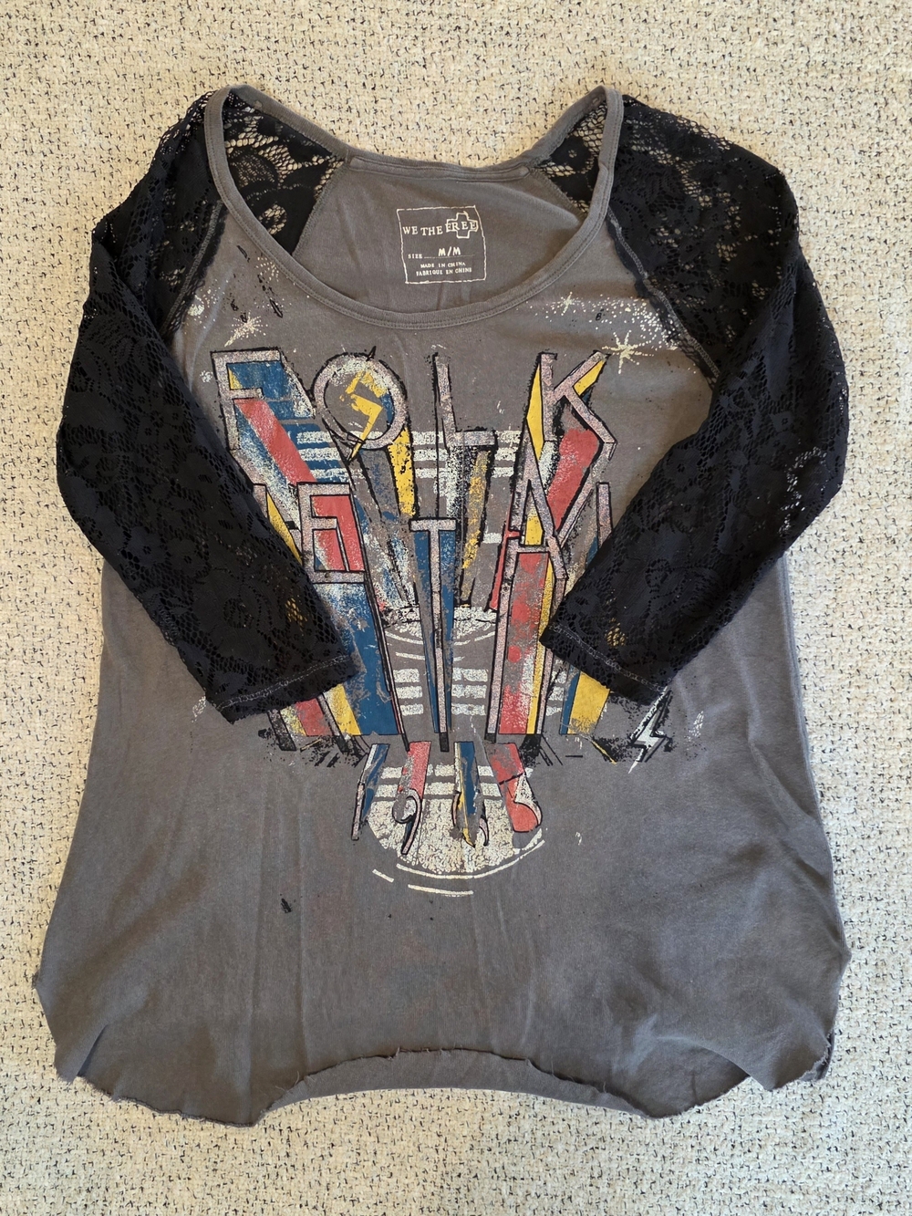 We The Free Free People M/M Graphic Tunic Top Black Lace Sleeves Grunge Boho